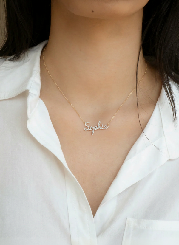 14K Gold Diamond Pave Nameplate Necklace