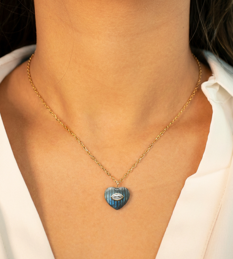 Fluted Labradorite Gemstone Inlay Heart Pendant