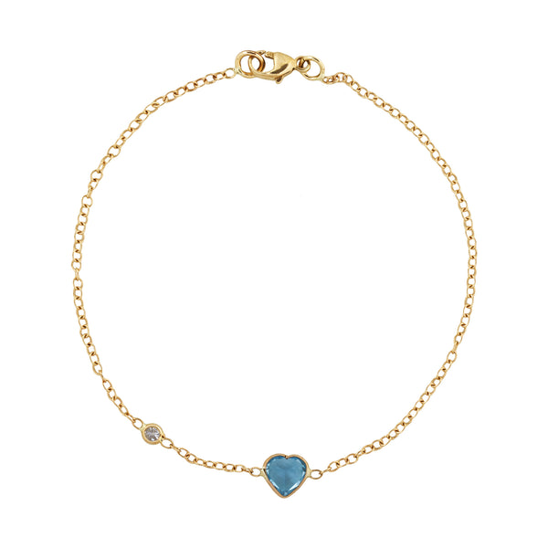 Dainty 14K Gold Blue Topaz and Diamond Heart Bracelet