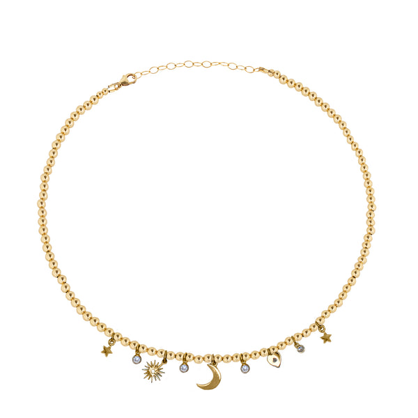 Celestial Multi Charm Gold Filled Beaded Necklace